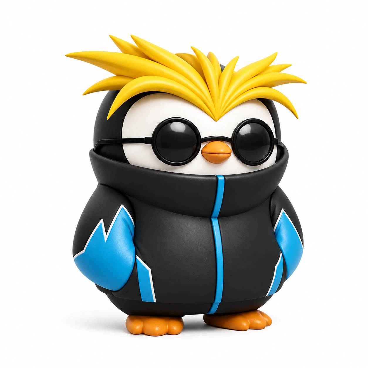 Cool Buddy, a BuddyWorld companion penguin with spiky yellow hair, round black sunglasses, and a black hoodie with blue lightning accents