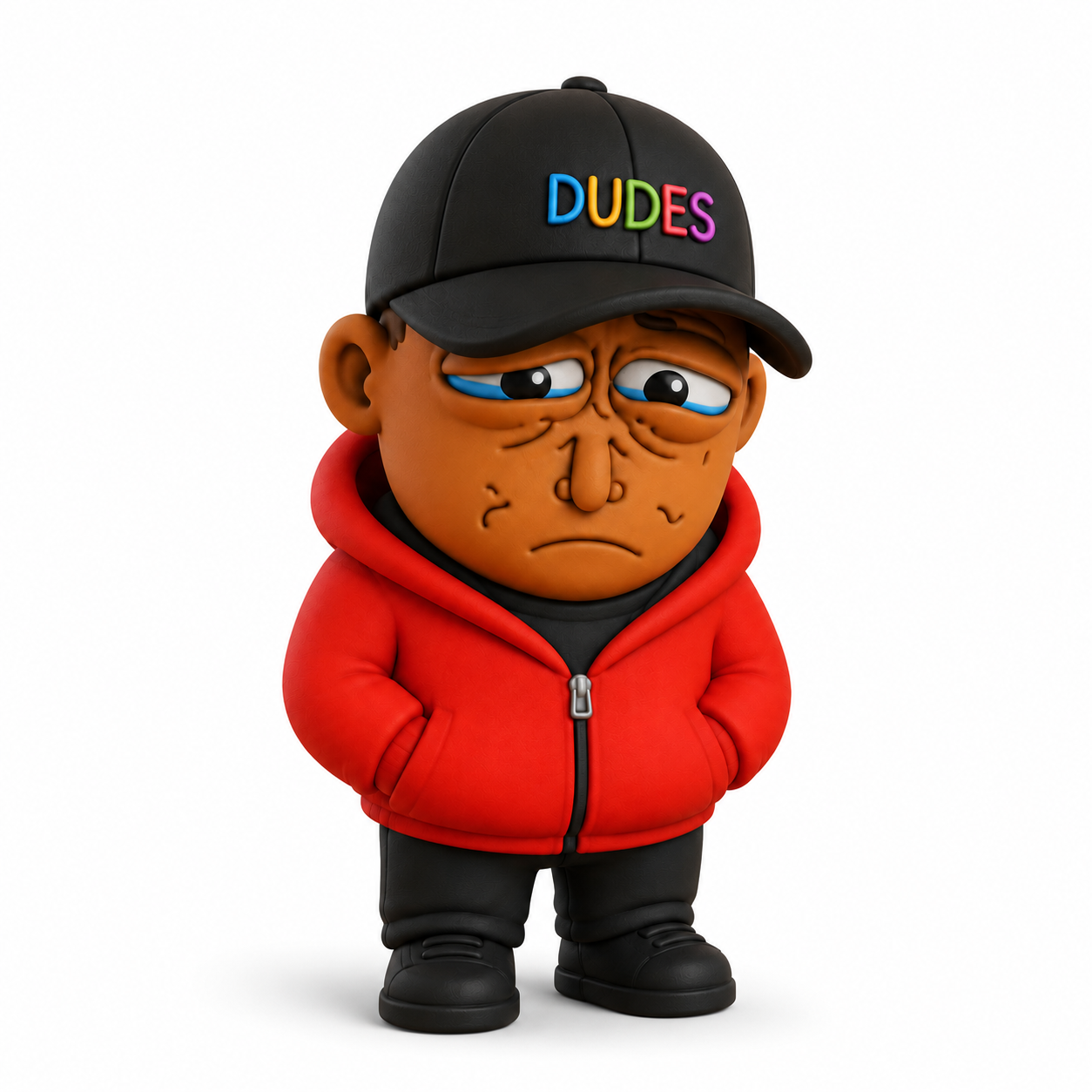 Dudes Buddy, a BuddyWorld companion from the DUDES collection, in a red puffer jacket and a black DUDES cap