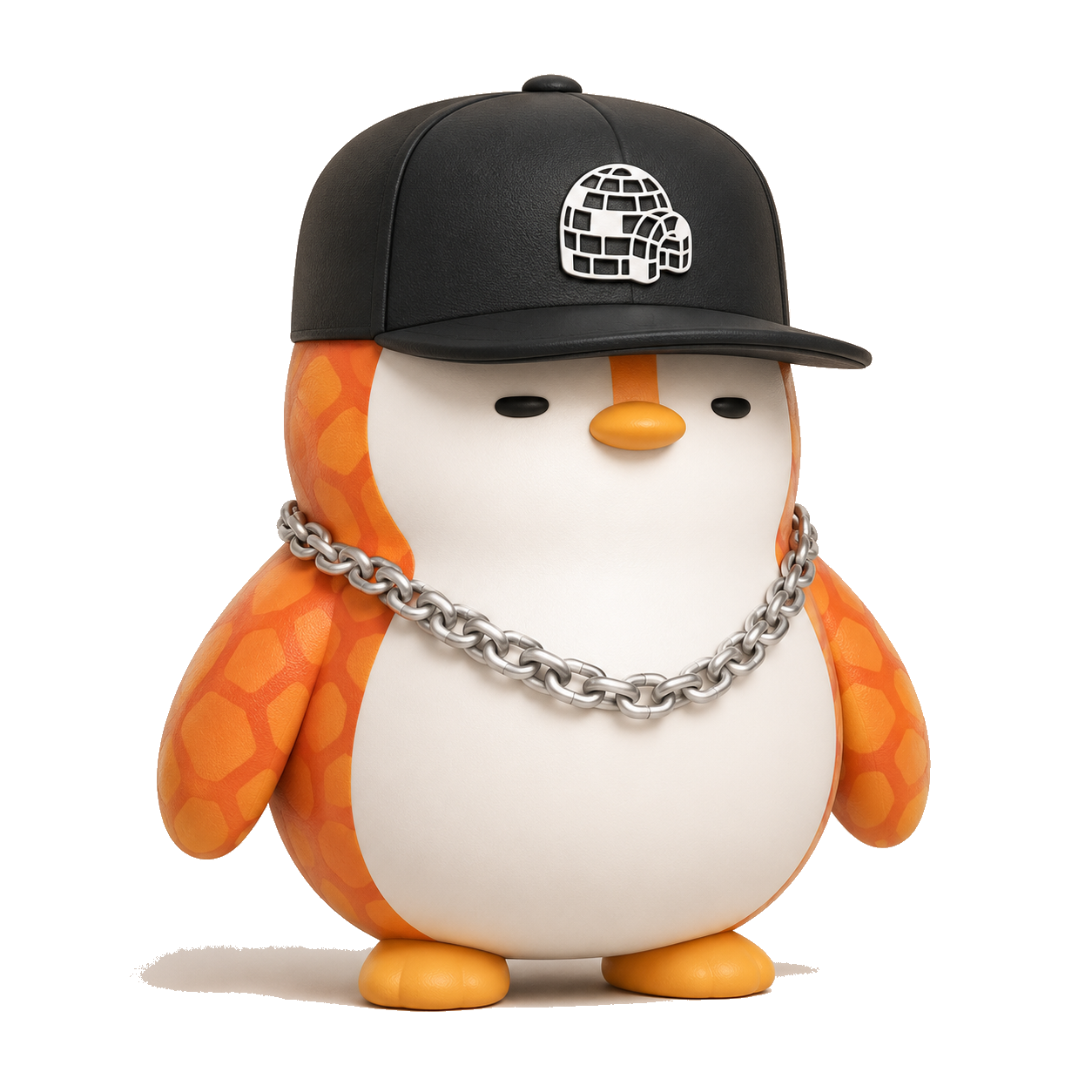 Gansta Buddy, a BuddyWorld companion penguin in a black igloo-logo cap and a silver chain
