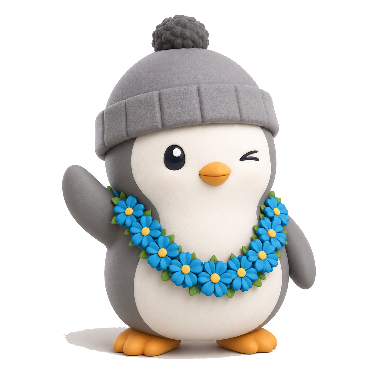Happy Buddy, a winking BuddyWorld companion penguin in a grey pom-pom beanie and a blue flower lei