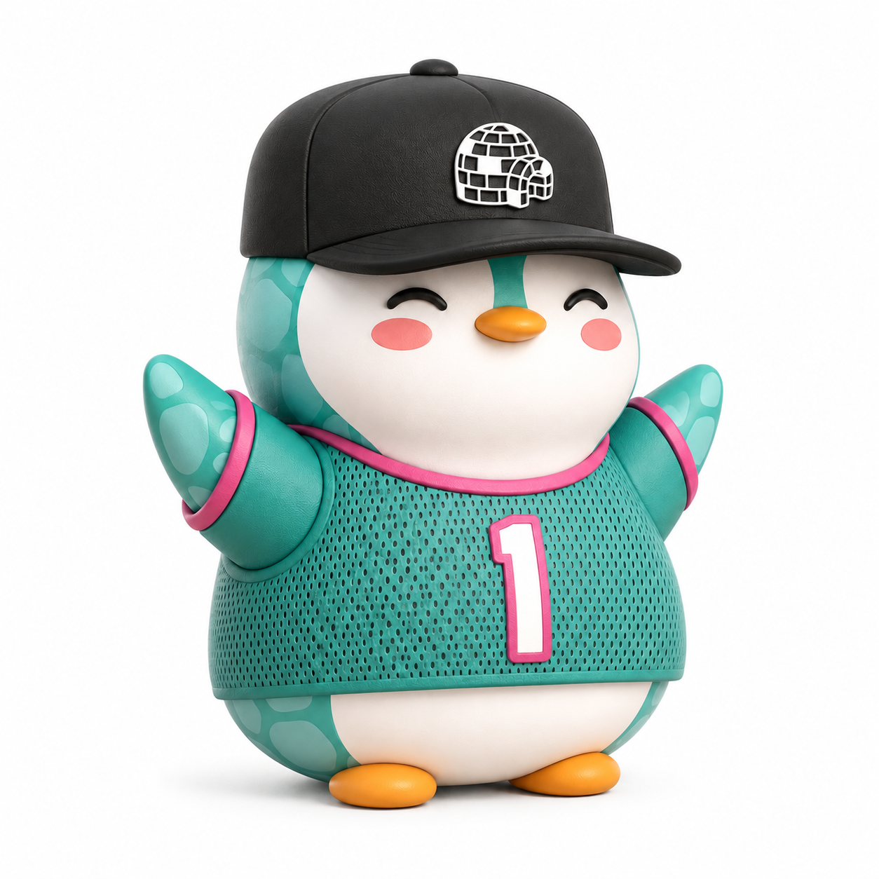 lil Buddy, a cheerful teal BuddyWorld companion penguin in an igloo-logo cap and a number-one jersey