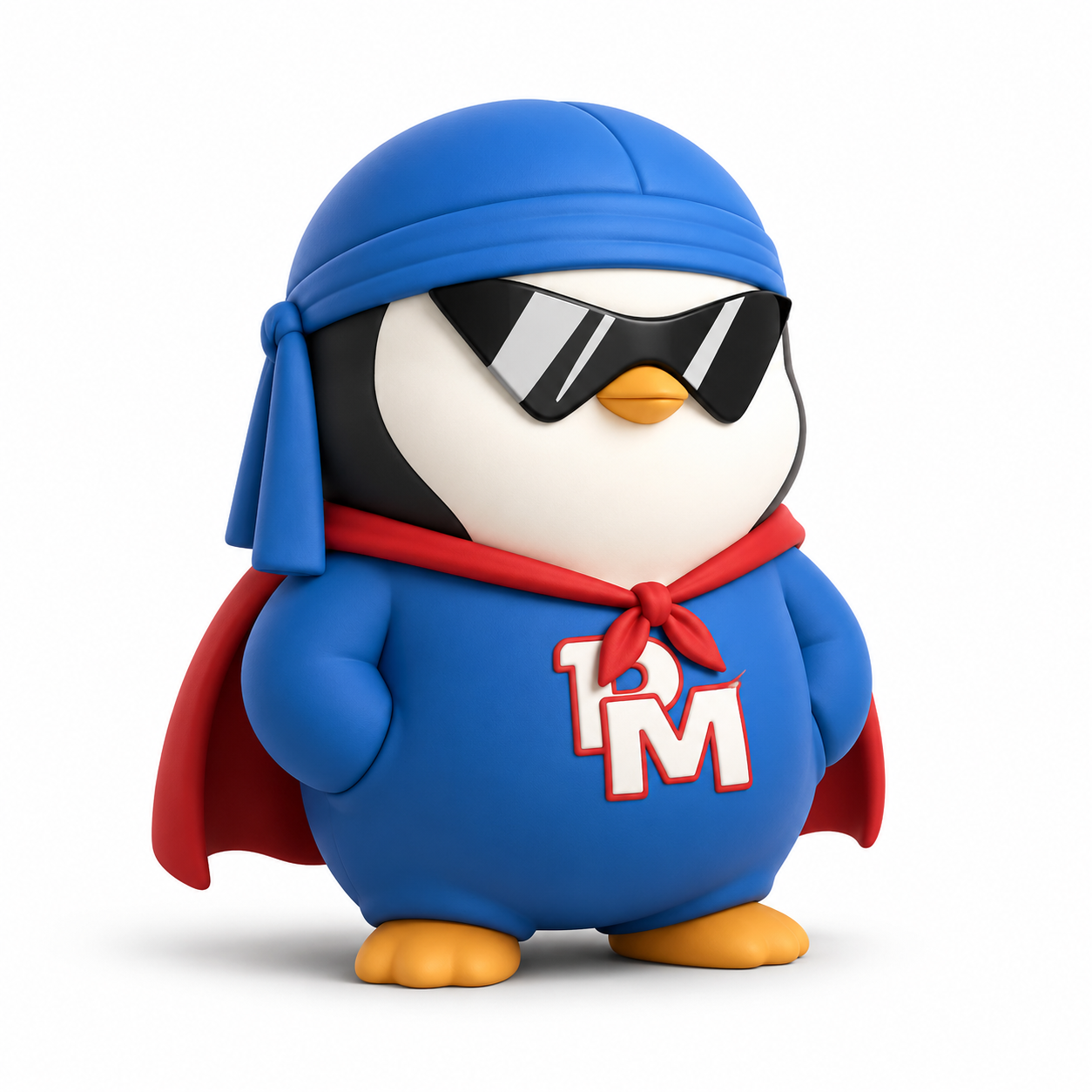 Pudgy Man, a superhero BuddyWorld companion penguin in a blue cape and cowl with a 1M emblem