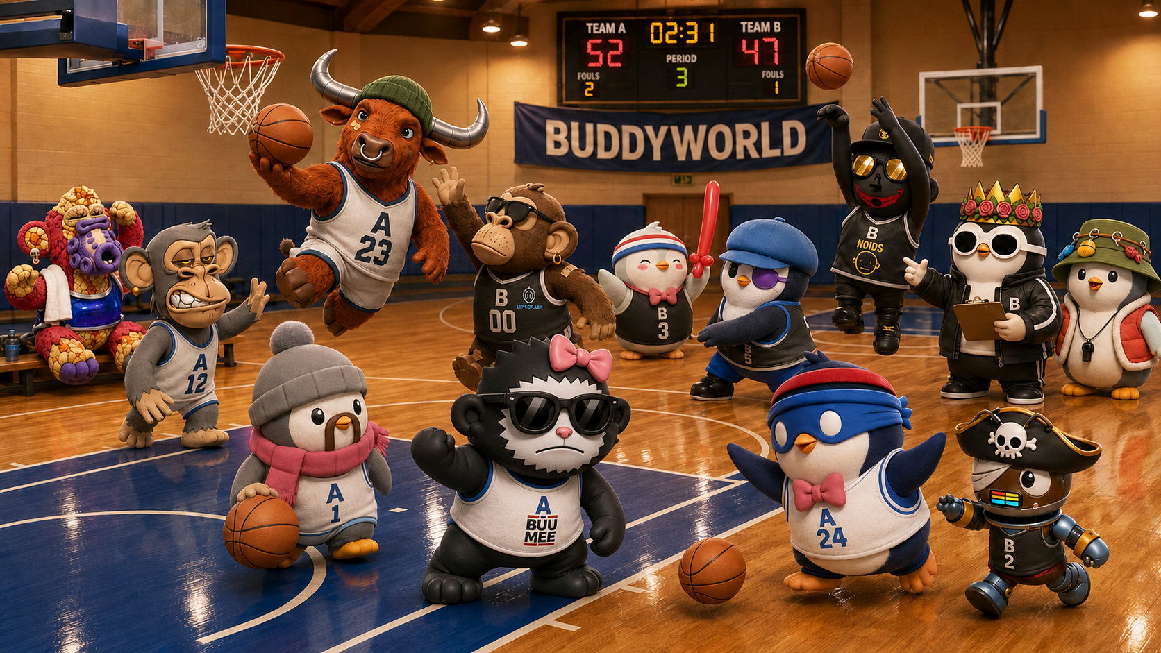 The whole BuddyWorld crew playing a 5-on-5 basketball game in a gym, coaches on the sideline, scoreboard reading Team A 52 Team B 47