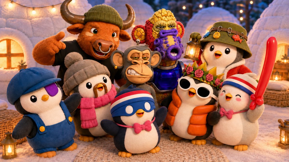 The whole BuddyWorld crew in the snowy village at night welcoming Bored Buddy, the deadpan ape, front and center