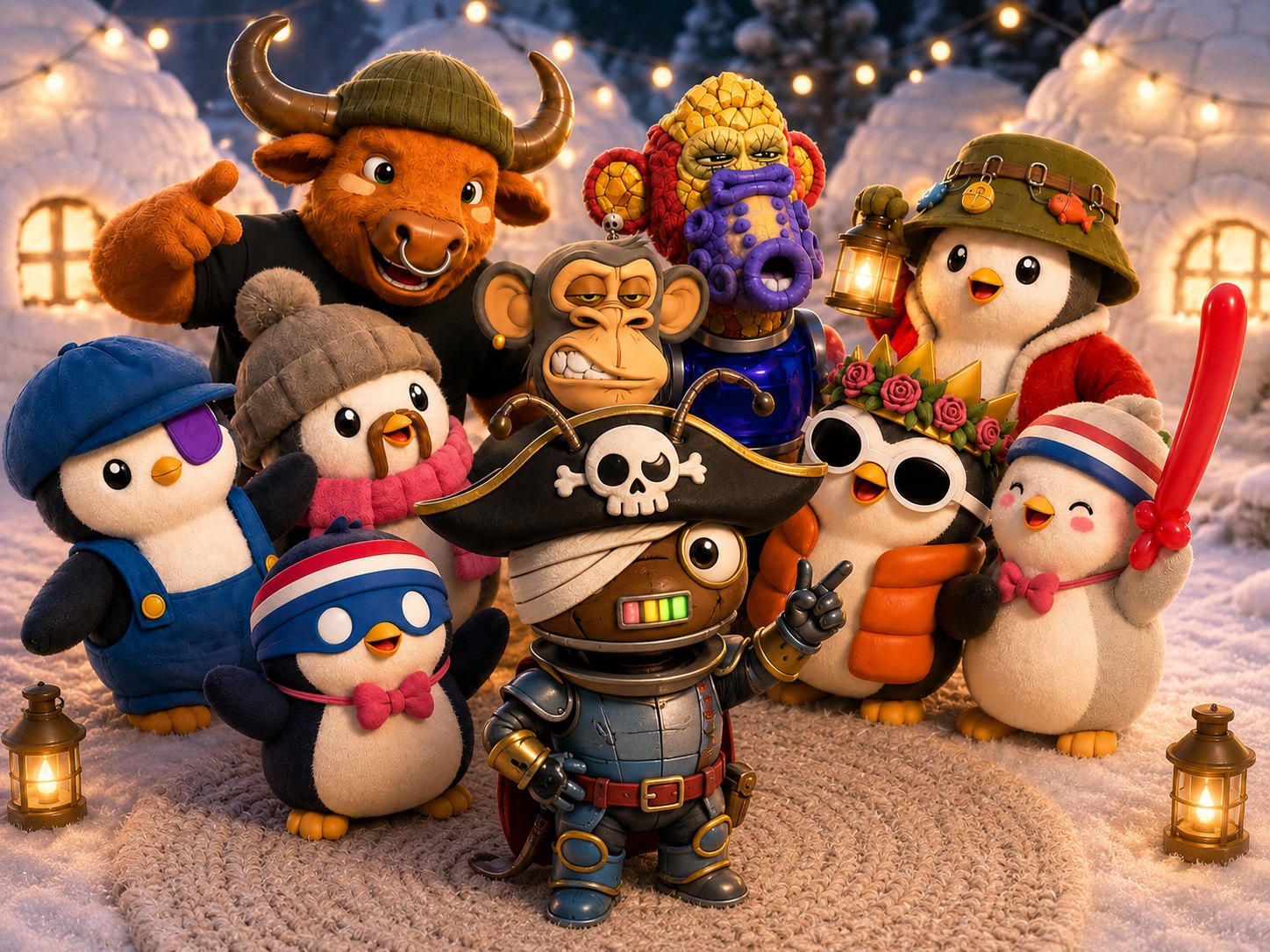 The whole BuddyWorld crew in the snowy village welcoming Pirate Buddy, a tiny robot pirate, front and center