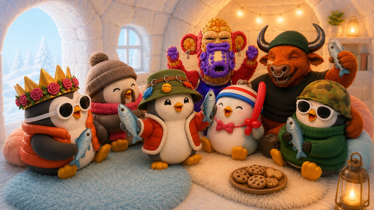 The whole crew of seven buddies hanging out in the cozy igloo