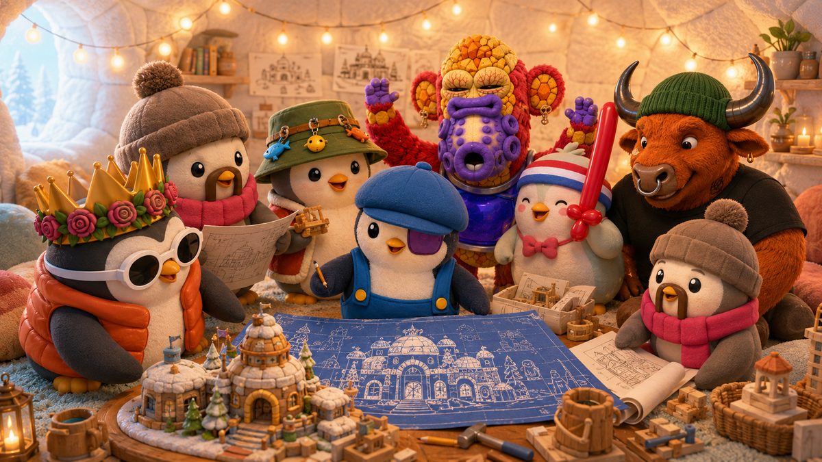 Builder Buddy and the crew gathered around blueprints, planning a bigger home for all the future buddies