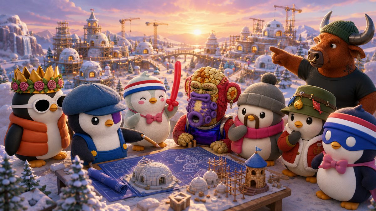 The whole crew breaking ground on a snowy BuddyWorld village at sunset, with Super Buddy and Builder Buddy around the blueprints