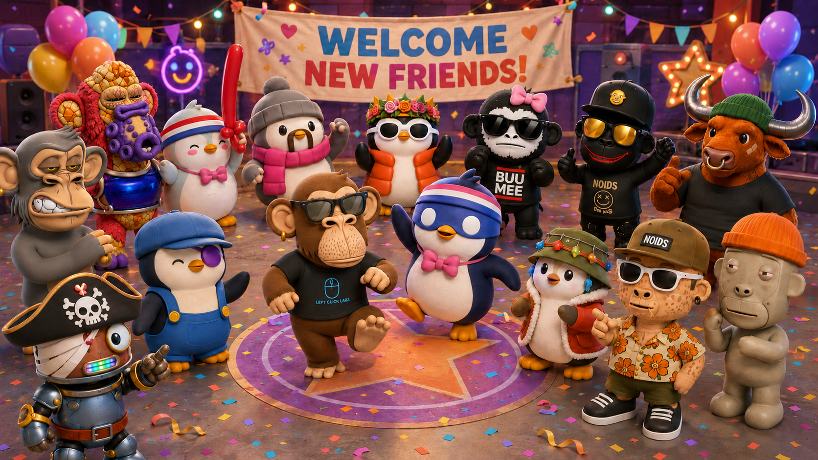 The whole BuddyWorld crew at a dance party under a ‘Welcome New Friends’ banner with balloons and confetti, welcoming the newest buddies including NOIDS Buddy, BUUMEE, and the apes