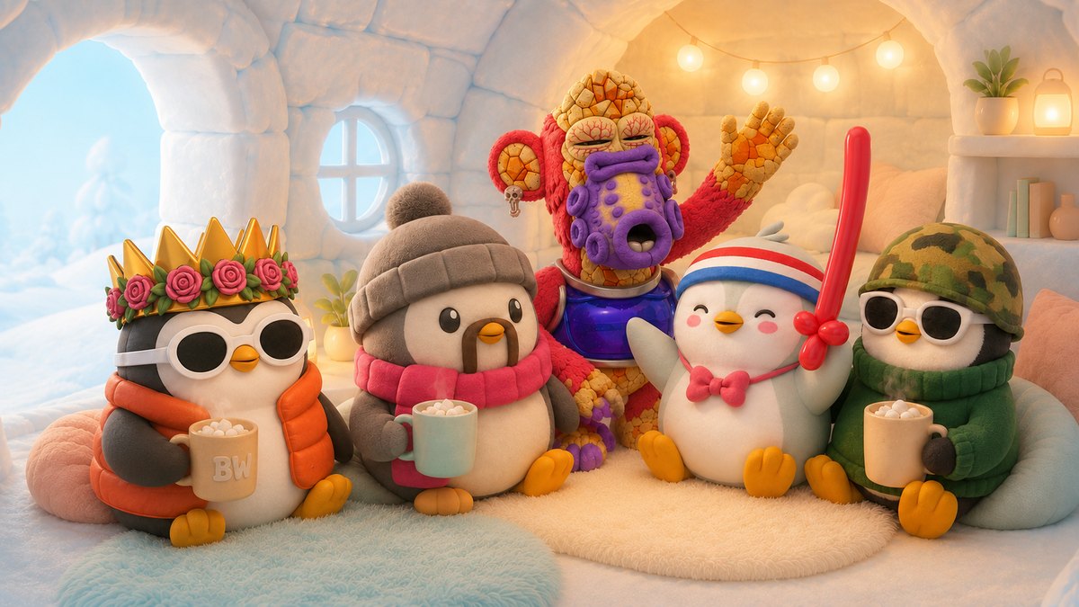 Five buddies on a cozy igloo afternoon, including the crowned Pudgy