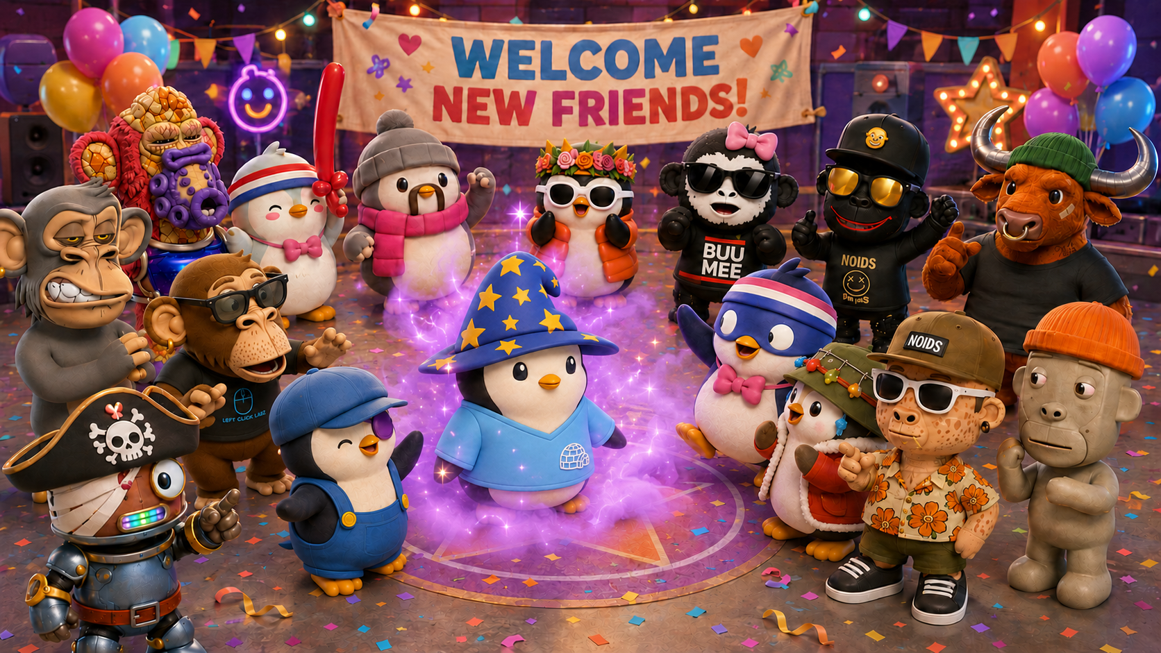 The BuddyWorld crew back at the welcome party as Berko, a wizard penguin in a starry blue hat, appears in the center in a swirl of purple magic