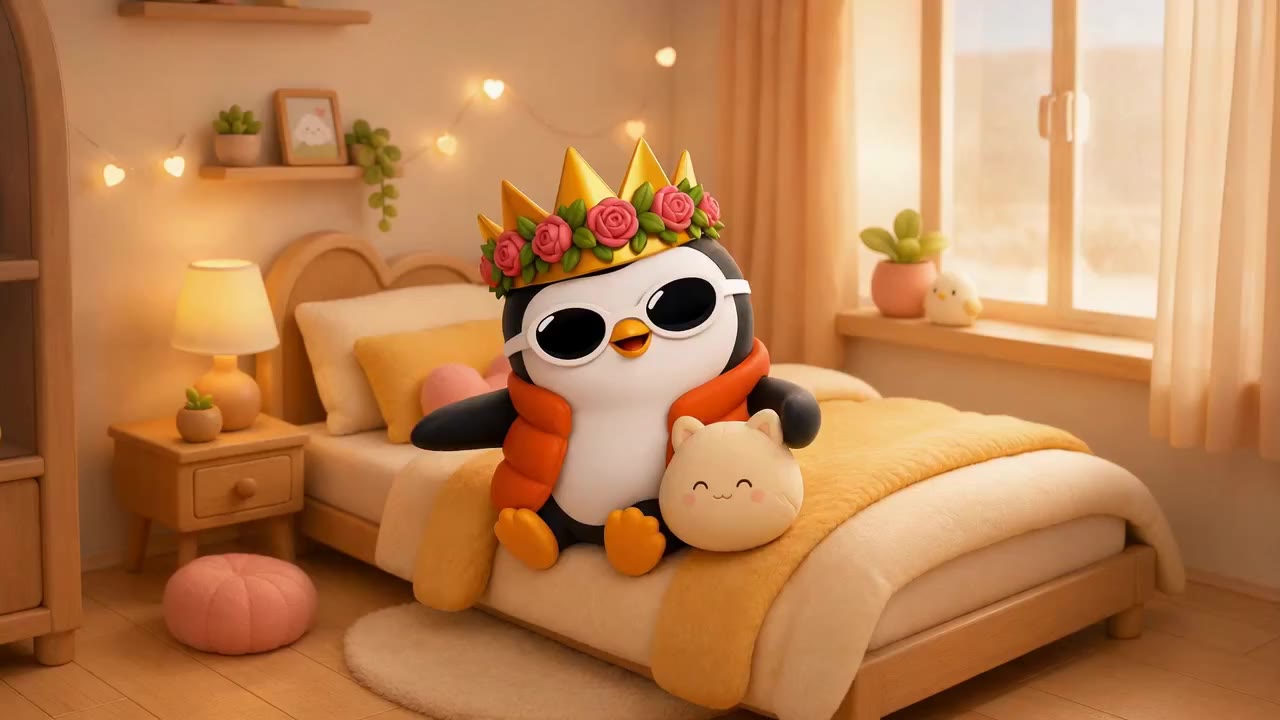 A crowned Pudgy penguin resting in a cozy bedroom