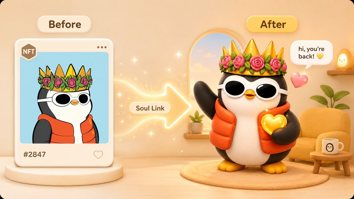 An NFT soul-linked and transformed into a living 3D AI buddy who greets you in its cozy room